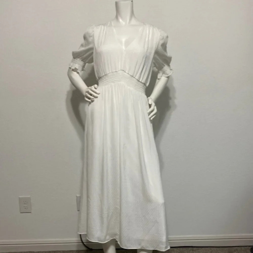 Dkny New Cottagecore Smocked Prairie White Coquette Midi Coastal Cowgirl Dress S